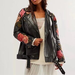 Free People Rebel Rose leather jacket with pink floral embroidery